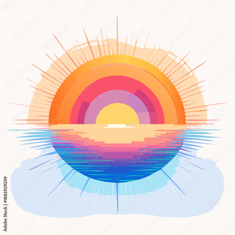 Obraz premium Sunrise over water. Vector illustration of colorful sun. Orange, pink, purple hues. Gradient sky. Calm sea. Sunrise icon. Vector design. Simple sunset symbol.