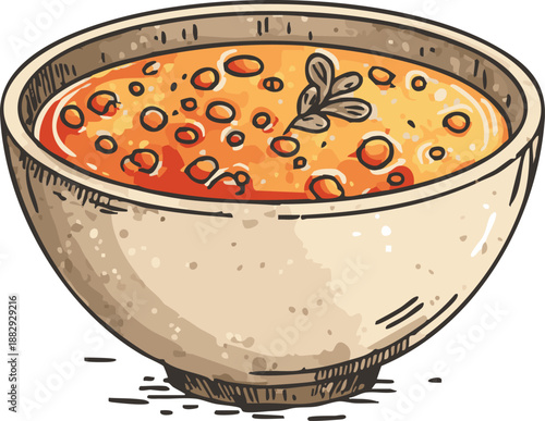 Bowl filled with colorful soup topped with herbs.