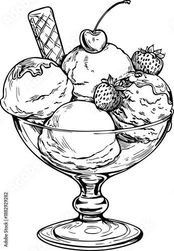 Delicious ice cream sundae with strawberries and a cherry.