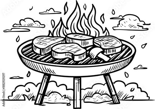 Grilling delicious steaks over a roaring barbecue fire outdoors.