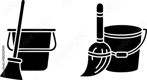 Cleaning Bucket and Broom Silhouette Icon