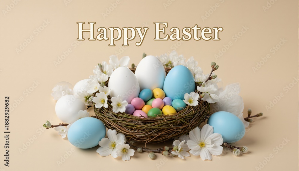 Obraz premium Easter eggs with sweets and flowers on beige. Happy Easter concept. White and blue eggs and cute nest with candy 