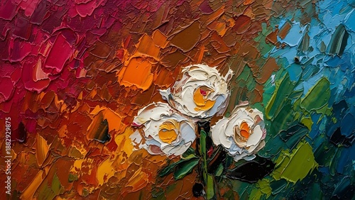 Expressive Palette Knife Oil Painting: Three White Roses in High Relief Against a Textured Abstract Background of Warm Reds, Cool Blues, and Earthy Tones.