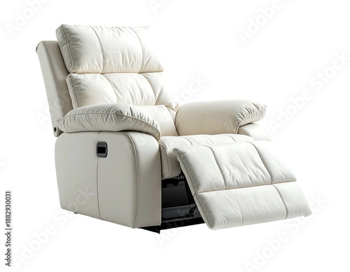 Plush, padded, white recliner with adjustable footrest and lever
