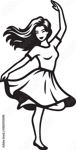 A girl Dancing in Beautiful Dress Outline Vector Design
