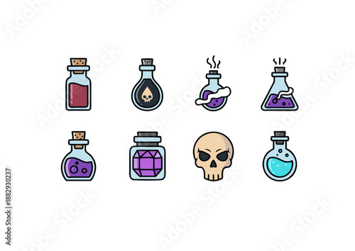 magic potion bottle set with poison skull and mystical liquid icons