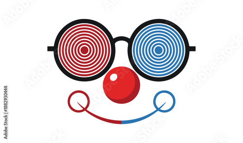 Colorful clown face with spiral hypnotic glasses red nose and smile