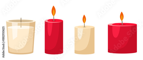 Collection of four decorative candles in different shapes and colors, flat graphic style, on a white background. Concept of celebration or relaxation. Vector illustration