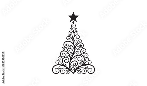 Stylized Ornamental Christmas Tree Silhouette with Curly Swirl Branches and Star Topper Vector Illustration