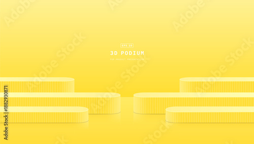 Empty clean studio room with six realistic yellow 3d round podium pedestal for product display stand. Minimal scene for cosmetic mockup. 3d vector geometric platform. 3d stage vector rendering.