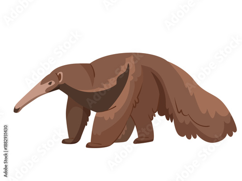 Cartoon anteater with long snout and fluffy tail in flat style on white background. Concept of exotic wildlife animal. Vector illustration