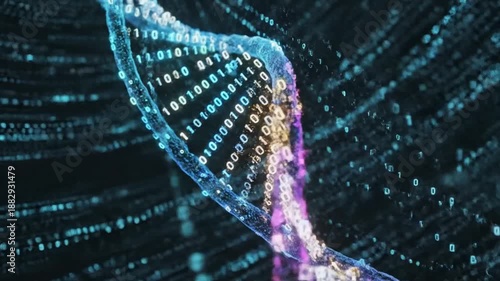 Glowing digital representation of DNA double helix with binary code floating around