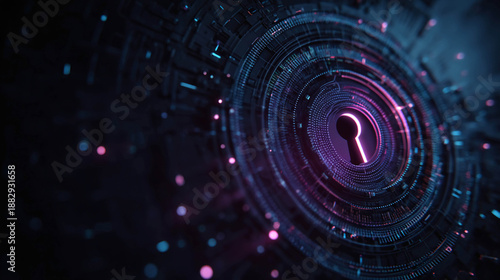 Abstract image with a neon keyhole in the center of concentric technological circles on a dark background, representing the concept of cybersecurity and data protection.