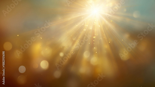 Bright sunlight with rays and a warm orange bokeh on a dark background, creating the effect of a blinding sun and optical glare.