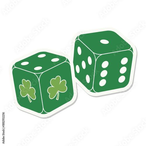 Two green dice with shamrocks and dots for a St. Patricks Day theme, isolated on a white background.