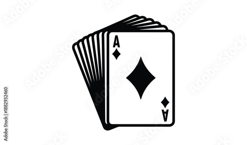 Fanned Deck of Playing Cards with Ace of Diamonds, Casino Gambling and Poker Theme, Black and White Vector Illustration