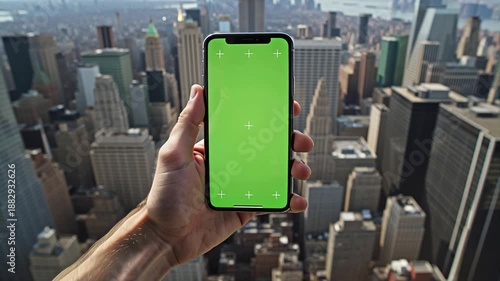 A hand holding a smartphone with a green screen against the backdrop of New York City