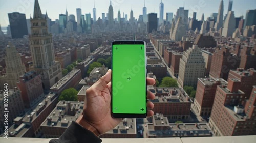 A hand holding a smartphone with a green screen against the backdrop of New York City