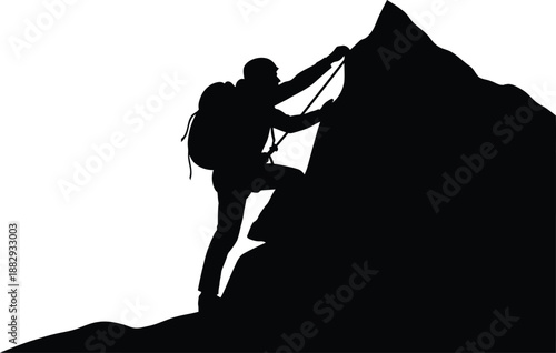 A silhouette of a person climbing a mountain with a backpack and rope