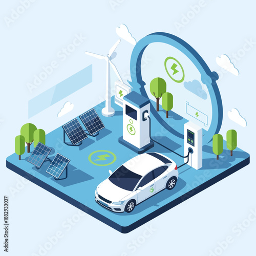 Electric Car Charging at Station with Solar Panels.