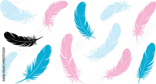 A cheerful assortment of fluffy feathers in soft pastel pink, blue, and one striking black color