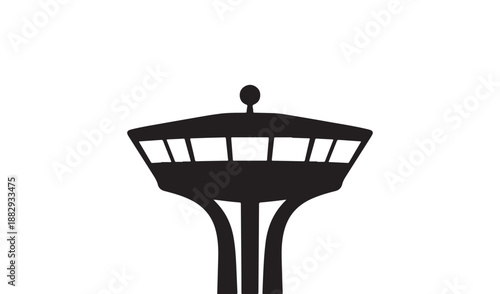 Black silhouette of an airport air traffic control tower isolated on white background
