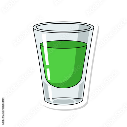 Green liquid in a clear shot glass, isolated on a white background.