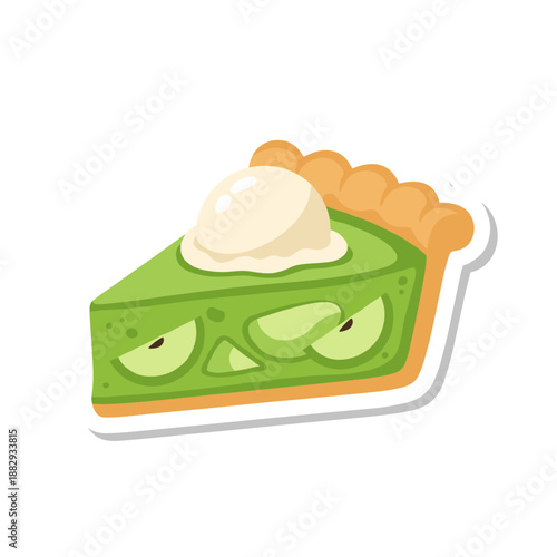 Cartoon slice of green apple pie with ice cream and angry face.