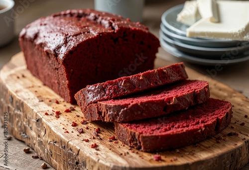 Homemade red velvet loaf cake — rustic presentation on wooden board, sliced, warm daylight, cozy yet sharp food styling.