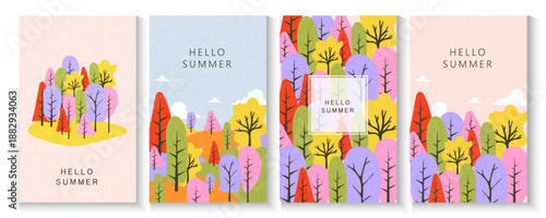 Autumn posters set with bright cute leaves Minimalistic style with elements of mountains, sky, clouds and trees. can be used for summer background, sale banner, flyer design. Vector illustration.