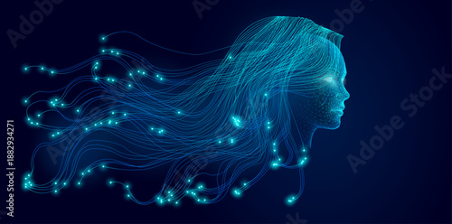 Wireframe AI Profile with Glowing Nodes and Flowing Neural Lines on Dark Futuristic Background