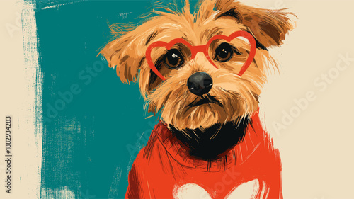 Doodle dog wearing a red heart sweater with heart-shaped glasses. Dog wearing red heart sweater and glasses for Valentine