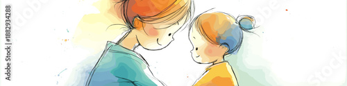 Watercolor illustration depicting a mother embracing her happy child with warmth and care. Mother and child smiling showing love and connection