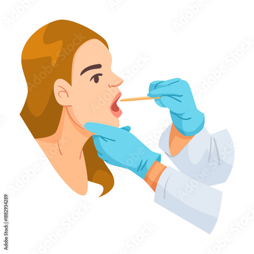 Female patient being examined by doctor with gloves using tongue depressor tool, flat style, white background. Concept of medical checkup. Vector illustration