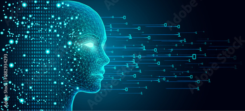 Futuristic AI Head with Glowing Eye and Binary Code Streams on Dark Neural Network Background