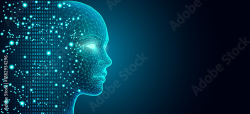 Futuristic AI Head with Glowing Eye and Binary Code Streams on Dark Neural Network Background