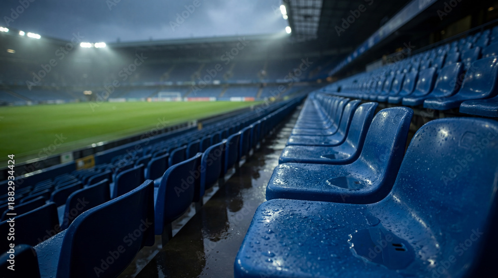 Fototapeta premium cinematic stadium scene, dramatic rainy weather, empty stadium seats, moody lighting, atmospheric shadows, detailed texture, photorealistic, 8k resolution