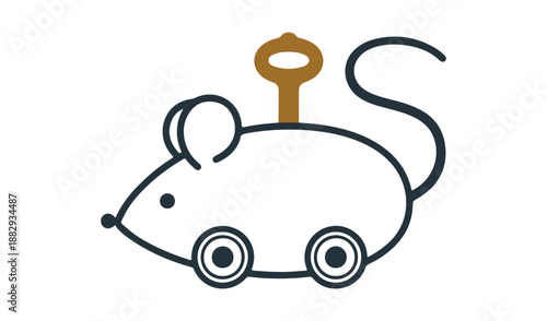 Mechanical Wind Up Mouse Toy with Wheels and Key Clockwork Animal Vector Illustration