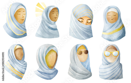 Diverse representations of women in hijabs with various expressions  