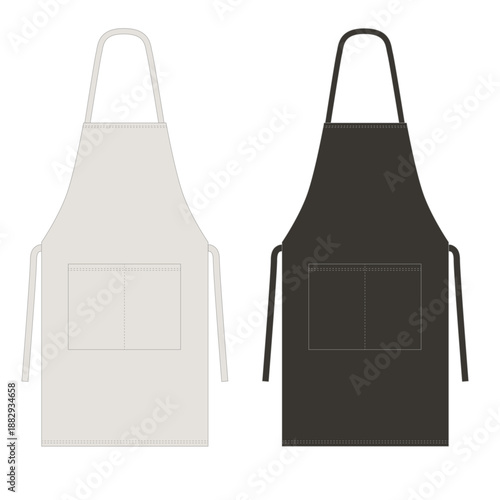 Set of vector illustrations of aprons with pockets in white and black. Clothing design template for chefs, bartenders, cleaners, and service staff. Sketch of an apron with a pocket on a white backgrou