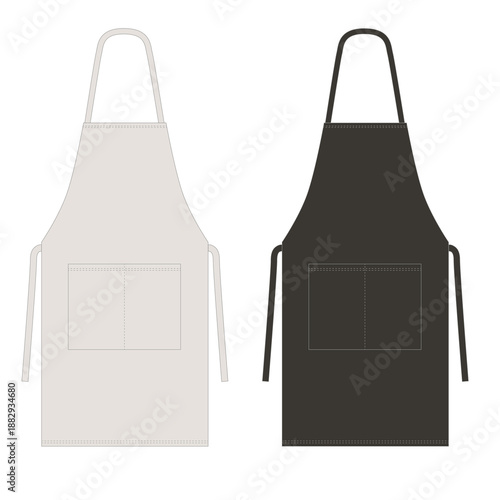 Set of  illustrations of aprons with pockets in white and black. Clothing design template for chefs, bartenders, cleaners, and service staff. Sketch of an apron with a pocket on a white backgrou
