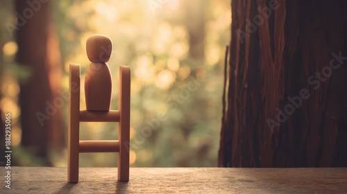 Wooden figure stabilizing tall ladder against redwood tree outdoor setting photography nature close-up stability concept