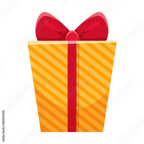 Striped yellow gift box with a bright red ribbon and bow, flat graphic style, isolated on white background. Concept of celebration and gifting. Vector illustration