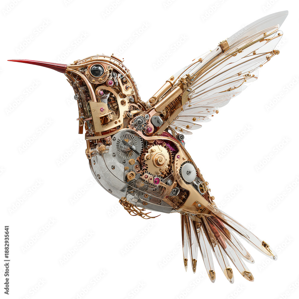 Fototapeta premium Unique mechanical hummingbird design combines metal parts and intricate details showcasing creativity and craftsmanship in a still life scene