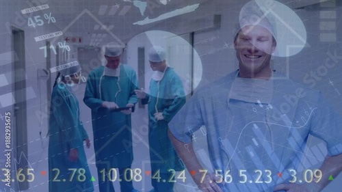 Multiple exposure of graphs, pie charts with arrow symbol and number on portrait of caucasian doctor