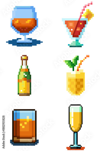 Set of alcoholic drinks in pixel style
