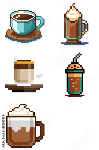 Sheet of hot beverages in a pixel style