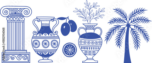 Collection of blue and white ancient greek and mediterranean cultural symbols