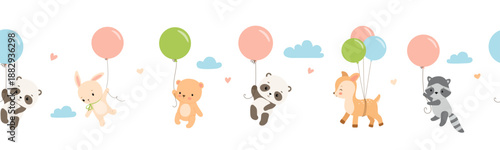 Seamless border with cute woodland animals with balloons. Childish endless pattern isolated on white background