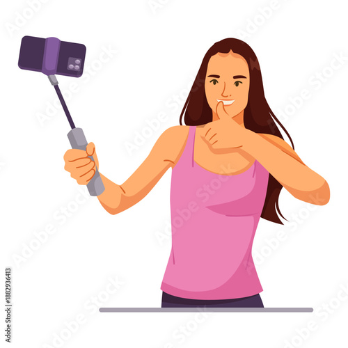 Smiling woman in pink top holding a smartphone on selfie stick, showing thumbs up, cartoon style on white background. Concept of self-portrait. Vector illustration